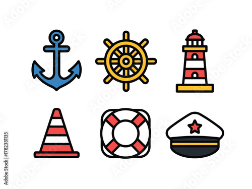 A collection of nautical icons including an anchor, ship's wheel, lighthouse, traffic cone, life preserver, and captain's hat.