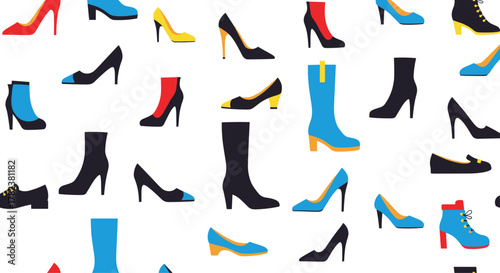Fashionable women's footwear including high heels, boots, and flats are illustrated in bright colors for a stylish seamless pattern.