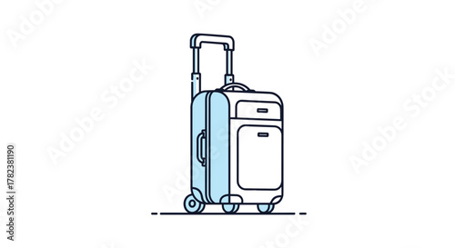 Wheeled carry-on luggage is depicted in a simple blue and white line art style, representing travel, vacation, and business trips.