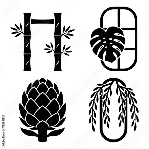 Four botanical emblems featuring bamboo, monstera leaf, artichoke, and weeping willow