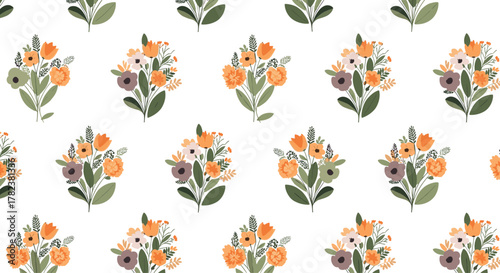 Beautiful bouquets of flowers in orange, purple, and cream are arranged in a seamless repeating pattern on a clean white background.