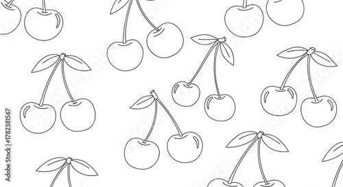 Juicy pairs of cherries with leaves are illustrated in a simple black outline style, making a fresh and fun seamless fruit pattern.