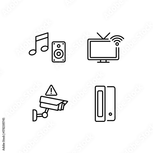 Smart home technology icons for security and entertainment systems  