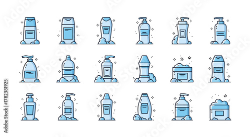 Collection of blue outline icons representing bottles of shampoo, conditioner, lotion, and soap with foam and sparkles, suitable for graphic and web design, apps, adverts, and various cards
