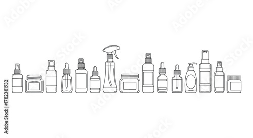 Collection of cosmetic and skincare packaging icons, including spray bottles, dropper bottles, pump dispensers, and jars, presented in a clean, minimalist line art style on a white background