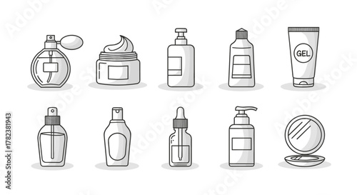 Collection of cosmetic bottles and containers in a clean line art style, featuring perfume, cream jar, shampoo, gel tube, spray bottle, serum dropper, lotion dispenser, and compact mirror, perfect