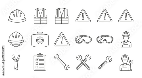 Collection of line art icons representing contractor safety management, including hard hats, safety vests, warning signs, goggles, first aid kit, tools, clipboard, and construction workers, all