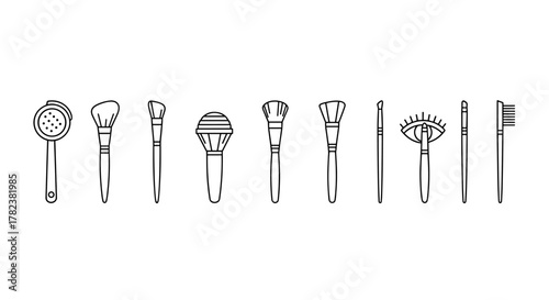 Collection of minimalistic thin line icons representing various cosmetic brushes and makeup tools, perfect for web, graphic design, apps, banners, social networks, and cards. This vector cartoon