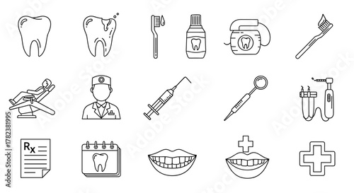 A comprehensive set of dental-related outline symbols, perfect for banners, infographics, books, and articles. This collection features icons of healthy and decayed teeth, a dentist in uniform, a