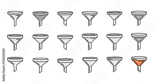 Collection of minimalistic linear pictograms representing funnels in various styles and designs, perfect for web and graphic design applications, including apps, banners, social networks, and cards