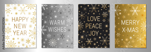 Happy new year, warm wishes, merry x-mas, love peace joy phrases on the christmas greeting card templates. Elegant snowflake, star ornate pattern. White, silver, black and gold colored vector design