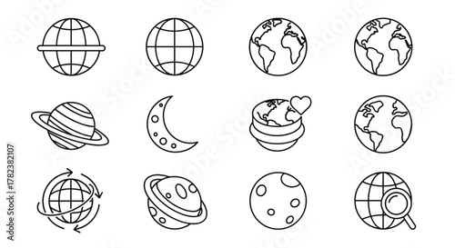 Collection of outline globe and planet icons, featuring Earth with continents, a crescent moon with craters, Saturn-like planets with rings, and a globe with a magnifying glass, symbolizing