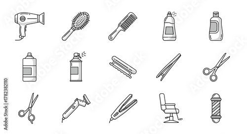 A collection of minimalistic thin line icons representing various hair salon and barber shop tools and equipment, including a hairdryer, combs, brushes, scissors, hairspray, styling bottles