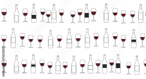 Bottles and glasses of red wine are arranged in neat rows, creating a sophisticated seamless pattern for a restaurant or winery theme.