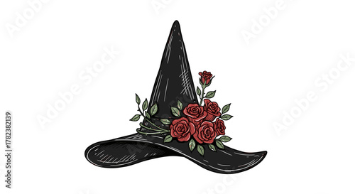 Artistic hand-drawn illustration of a classic black witch hat adorned with a cluster of vibrant red roses and green leaves, elegantly tied with thorny vines, set against a clean white background