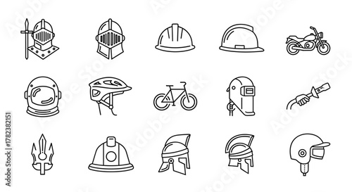Collection of diverse helmet and head protection icons in a thin line style, featuring medieval knight helmets, construction hard hats, astronaut helmets, bicycle helmets, welding masks, Roman