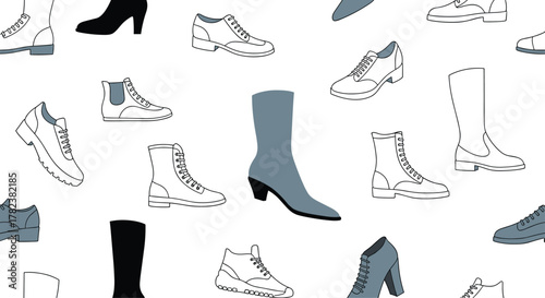 Different types of men's and women's shoes and boots are scattered in a stylish seamless pattern using a simple, modern illustration style.