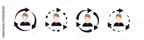 Man User Profile Refresh Cycle Icons: Black Arrows, Update, Reload, Continuous Rotation Set