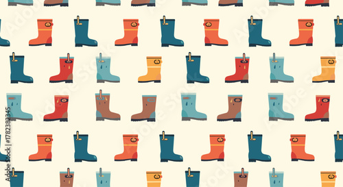 Rubber rain boots in various bright colors are arranged in neat rows to form a practical and cheerful seamless footwear pattern.