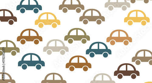 Whimsical toy cars in earthy, muted colors are scattered across a white background in a cute and playful seamless pattern for children.