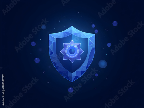 RWA tokenization DeFi concept, deep‑blue polygon mesh, asset token icon, compliance shield, on‑chain registry, yield coupon tag, modern outline