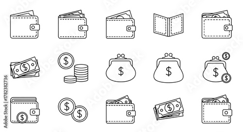 Collection of simple line art icons representing wallets, purses, banknotes, and coins, perfect for infographics, financial articles, books, flyers, and banners, offering a clean and editable stroke