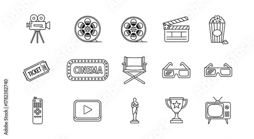 Collection of cinema and movie icons, including a vintage film camera, film reels, a clapperboard, popcorn, tickets, cinema sign, director's chair, 3D glasses, remote control, play button, award