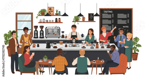 Vibrant coffee shop community gathering for a cupping session, baristas expertly brewing specialty coffee drinks for tasting, diverse people enjoying morning party and social interaction, flat vector