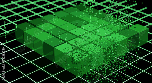 Vivid green cube pixel pattern textures with matrix dispersion, showcasing digital decay and data fragmentation for cyberpunk designs, featuring a neon grid dissolution effect, perfect for technology