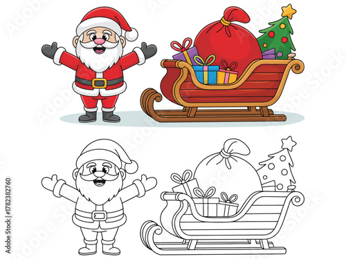 Santa Claus with his sleigh full of presents and a Christmas tree arrives to deliver holiday cheer.