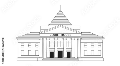 Simple line art illustration of a classic courthouse building with a prominent pediment, columns, and the words "COURT HOUSE" inscribed above the entrance, symbolizing justice, law, and legal