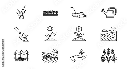 Set of clean, minimalist line icons representing various aspects of gardening and agriculture, including grass, a lawnmower, a watering can, a trowel, growing plants, a fence, fields, and herbs