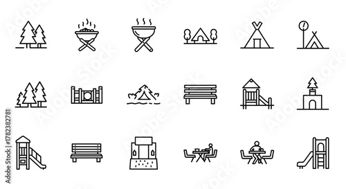 Park icon set featuring forest, barbecue, camp, bench, picnic table, and playground elements, symbolizing outdoor leisure and recreational activities, perfect for travel, lifestyle, and nature-themed