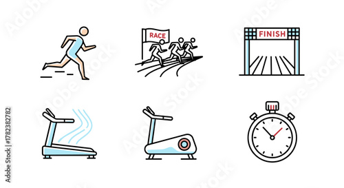 Vibrant running icon set featuring a dynamic runner, a competitive race with a finish line, a modern treadmill, and a precise timer chronometer, all rendered in a clean, colorful vector illustration