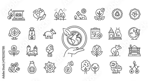 Eco-friendly line icon set showcasing nature, wildlife, renewable energy, and sustainability concepts, ideal for environmental campaigns, green technology, and climate awareness initiatives