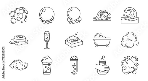 Collection of outline icons representing bubbles, foam, soap, waves, and bathtubs, perfect for graphic design, books, advertisements, and app development, presented as a clean vector cartoon