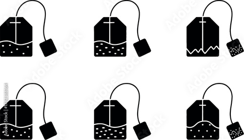 Six black and white tea bag icons in a pattern representing different tea types and brewing styles for beverage concepts
