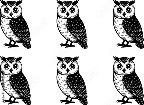 Seamless pattern of hand drawn owls in black and white for textile designs and backgrounds perfectly sized
