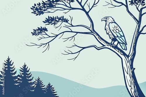 Bald Eagle Perched on Tree Branch Vector - Monochrome Illustration