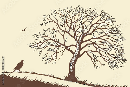 Lush Tree Silhouette on Hill with Misty Landscape Vector - Blue Duotone Graphic