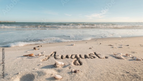 Handwritten words on beach ...