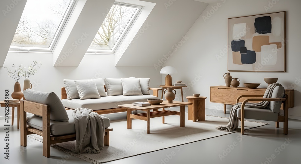 Fototapeta premium Modern living room interior with skylights and minimalist furniture