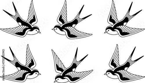 Six swallows in flight depicted in a traditional tattoo style showcasing classic nautical symbolism and freedom