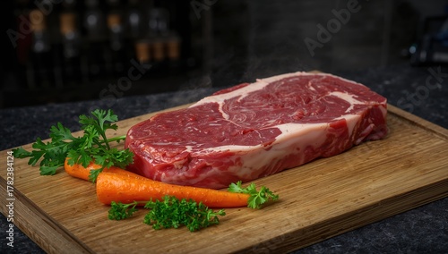 Raw beef steak accompanied ...