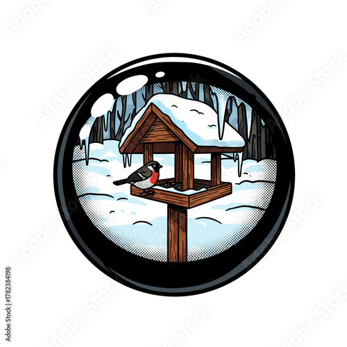 Bird feeder with bird perched on it in snowy garden landscape  