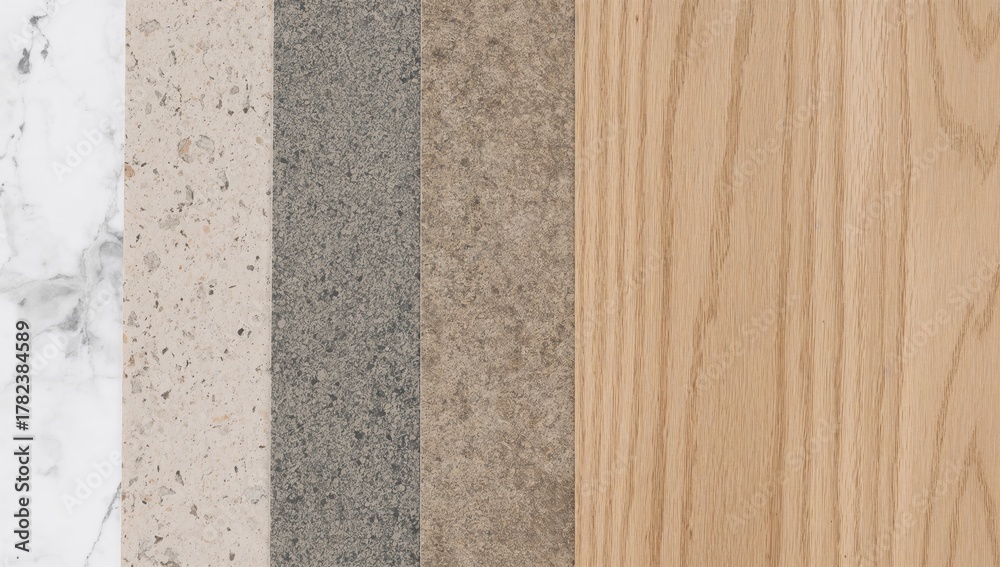 Fototapeta premium Set of interior material samples featuring marble, engineered stone, textured artificial stone, and oak wood laminate with emphasis on stone patterns. Close-up mood and tone board for design.