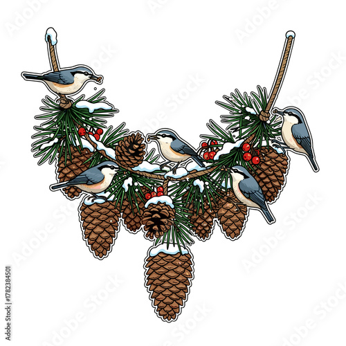 Bird feeder with pinecones and birds in a snowy garden  
