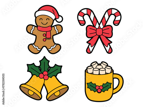 Set of four festive Christmas icons including a gingerbread man, candy canes, bells, and hot chocolate.