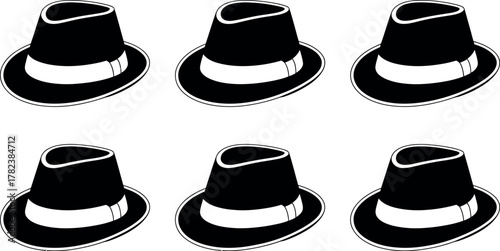 Six black fedora hats with white bands arranged in a pattern against a white background for graphic design use