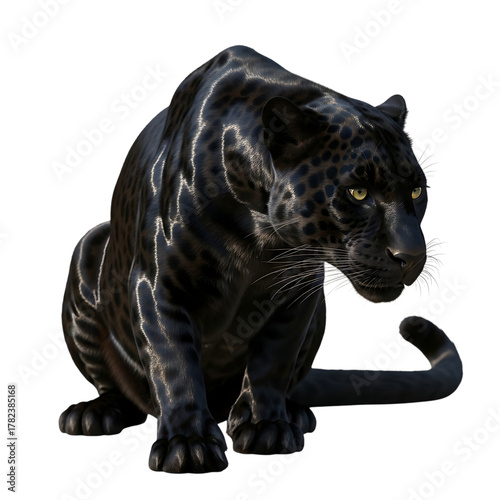 A sleek black panther sits alertly, its dark fur gleaming in the light, showcasing its powerful build and intense gaze isolated on transparent background